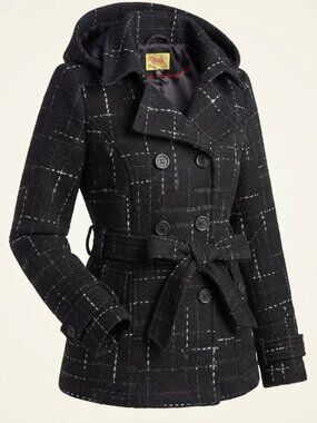 Maralyn & Me Black Plaid Hooded Peacoat, Size L